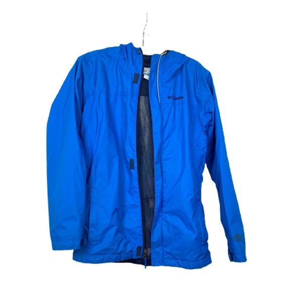 COLUMBIA Omni-Tech Full Zip Blue Rain Wind Jacket Child Large L With Hood - Picture 1 of 5